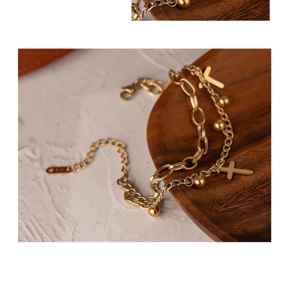 NEW 18K Gold Plated Cross Bead Link Chain Double Layer Bracelet - Picture 6 of 6
